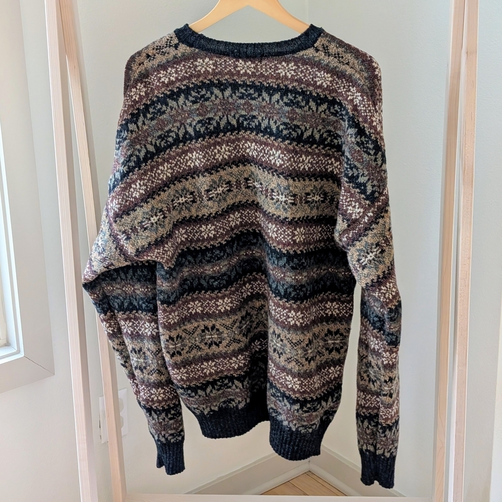Vintage L.L. Bean Fair Isle Geometric Textured Wool Sweater In Black/Tan - Picture 5 of 7